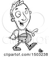 Clipart Of A Black And White Walking Caucasian Man Badminton Player Royalty Free Vector Illustration