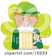 Ginger Haired Male Irish Leprechaun In Green Drinking A Frothy Mug Of Beer