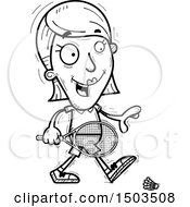 Clipart Of A Black And White Walking Woman Badminton Player Royalty Free Vector Illustration