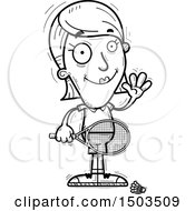Clipart Of A Black And White Waving Woman Badminton Player Royalty Free Vector Illustration