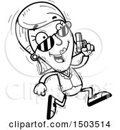 Clipart Of A Black And White Running Woman Secret Service Agent Royalty Free Vector Illustration