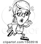 Clipart Of A Black And White Tired Running Woman Secret Service Agent Royalty Free Vector Illustration