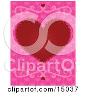 Big Red Love Heart Centered Over Pink Background With Heart Patterns And Two Scrolls Which Would Be Great For Stationery Or A Web Background Clipart Illustration