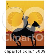 Silhouetted Cowboy On Horseback Preparing To Swing A Whip At Sunset