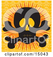 Silhouetted Human Skull And Crossbones With Glowing Eye Sockets Over An Orange Background