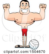 Clipart Of A Cheering Buff Caucasian Male Beach Volleyball Player Royalty Free Vector Illustration