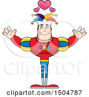 Poster, Art Print Of Buff Caucasian Male Jester With Open Arms And Hearts