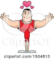 Clipart Of A Buff Caucasian Male Wrestler With Hearts And Open Arms Royalty Free Vector Illustration