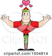 Clipart Of A Buff Caucasian Male Christmas Elf With Open Arms And Hearts Royalty Free Vector Illustration