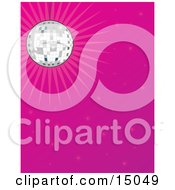 Poster, Art Print Of Sparkling Mirror Disco Ball Suspended From The Ceiling And Casting Light Over A Pink Background