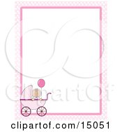Cute Little Caucasian Baby Girl Holding A Balloon In A Pink Baby Carriage On A Pink And White Checkered Stationery Frame