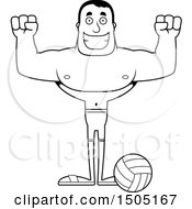 Clipart Of A Black And White Cheering Buff Male Beach Volleyball Player Royalty Free Vector Illustration