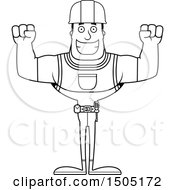 Clipart Of A Black And White Cheering Buff Male Construction Worker Royalty Free Vector Illustration