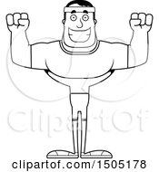 Clipart Of A Black And White Cheering Buff Male Fitness Guy Royalty Free Vector Illustration