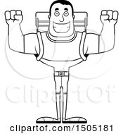 Clipart Of A Black And White Cheering Buff Male Hiker Royalty Free Vector Illustration
