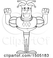 Clipart Of A Black And White Cheering Buff Male Jester Royalty Free Vector Illustration