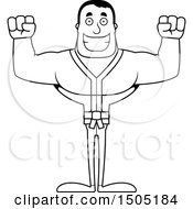 Clipart Of A Black And White Cheering Buff Karate Man Royalty Free Vector Illustration