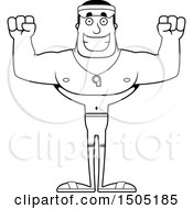 Clipart Of A Black And White Cheering Buff Male Lifeguard Royalty Free Vector Illustration
