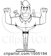 Clipart Of A Black And White Cheering Buff Male Archer Or Robin Hood Royalty Free Vector Illustration