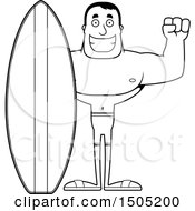 Clipart Of A Black And White Cheering Buff Male Surfer Royalty Free Vector Illustration