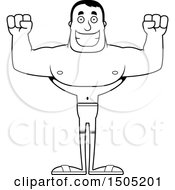 Clipart Of A Black And White Cheering Buff Male Swimmer Royalty Free Vector Illustration