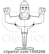 Clipart Of A Black And White Cheering Buff Man In Winter Apparel Royalty Free Vector Illustration