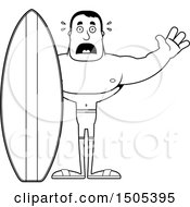Clipart Of A Black And White Scared Buff Male Surfer Royalty Free Vector Illustration