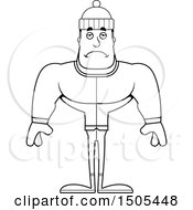 Clipart Of A Black And White Sad Buff Man In Winter Apparel Royalty Free Vector Illustration