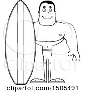 Clipart Of A Black And White Happy Buff Male Surfer Royalty Free Vector Illustration