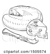 Clipart Of A Black And White Vintage Engraved Knife And Cheese Wedge Royalty Free Vector Illustration