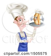 Clipart Of A Pointing Male Chef With A Curling Mustache Holding A Hot Dog On A Platter Royalty Free Vector Illustration