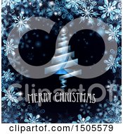 Poster, Art Print Of Merry Christmas Greeting And Blue Ribbon Tree In A Border Of Snowflakes