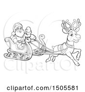 Clipart Of A Black And White Reindeer Flying Santa In A Sleigh Royalty Free Vector Illustration