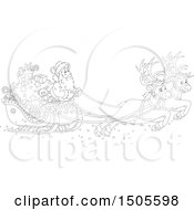 Clipart Of A Black And White Scene Of Santas Christmas Reindeer And Sleigh Royalty Free Vector Illustration