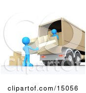 Two Blue Male Figures Lifting And Loading Or Unloading A Beige Living Room Sofa And Boxes Into A Brown Moving Truck