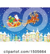 Poster, Art Print Of Santa Flying His Sleigh In The Snow Over A Village