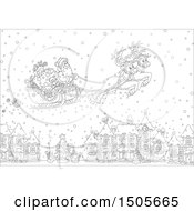 Poster, Art Print Of Black And White Santa Flying His Sleigh In The Snow Over A Village