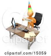 Well Deserving Orange Figure Employee Wearing A Party Hat And Blowing On A Noise Maker While Standing Behind His Office Desk And Holding A Bonus Sign