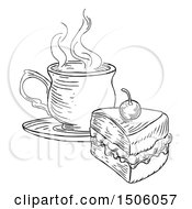 Clipart Of A Coffee And Piece Of Victoria Sponge Cake Black And White Engraved Style Royalty Free Vector Illustration