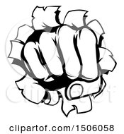 Clipart Of A Black And White Fisted Hand Punching A Hole Through A Wall Royalty Free Vector Illustration