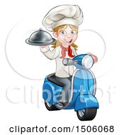 Poster, Art Print Of Cartoon Happy White Female Chef Holding A Cloche Platter And Riding A Scooter