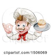 Poster, Art Print Of Cartoon Happy White Male Chef Baker Gesturing Ok And Holding A Cupcake On A Tray