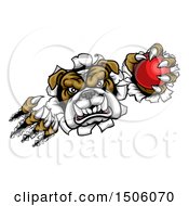 Clipart Of A Tough Bulldog Monster Shredding Through A Wall With A Cricket Ball In One Hand Royalty Free Vector Illustration