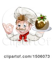 Poster, Art Print Of Happy White Male Chef Gesturing Ok And Holding A Christmas Pudding