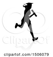 Clipart Of A Black Silhouetted Female Graduate Running A Race With A Shadow Royalty Free Vector Illustration