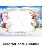 Clipart Of A Christmas Santa Claus And Reindeer With A Blank Sign In A Snowy Landscape Royalty Free Vector Illustration