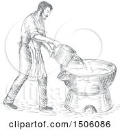 Clipart Of A Sketched Candlemaker Chandler Pouring Wax On Foundry Royalty Free Vector Illustration