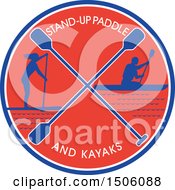 Clipart Of A Silhouetted Stand Up Paddler And Kayaker In A Blue White And Red Circle Royalty Free Vector Illustration by patrimonio