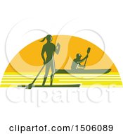 Silhouetted Stand Up Paddler And Kayaker In A Sunset Half Circle