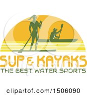 Clipart Of A Silhouetted Stand Up Paddler And Kayaker Over Text In A Sunset Half Circle Royalty Free Vector Illustration by patrimonio